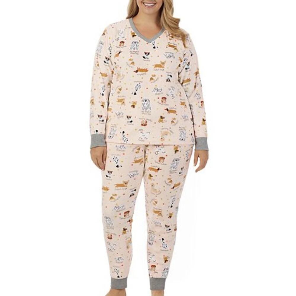 Cuddl Duds Velour Pajama Lounge Set Top Pants Cozy Pink Dogs Pups Pockets XXL